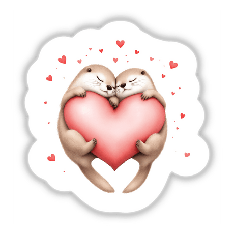 Sleeping Otters with Hearts: Two cartoon otters hugging a heart, available as stickers or digital art, conveying love and warmth, perfect for adding charm to any space.