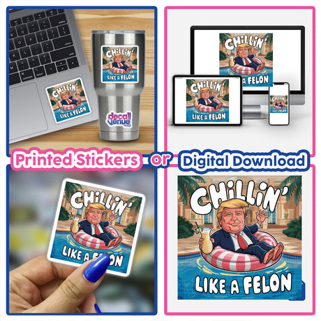 Trendy digital artwork featuring a humorous depiction of the former U.S. president, suitable for use as a sticker or online content across various devices.