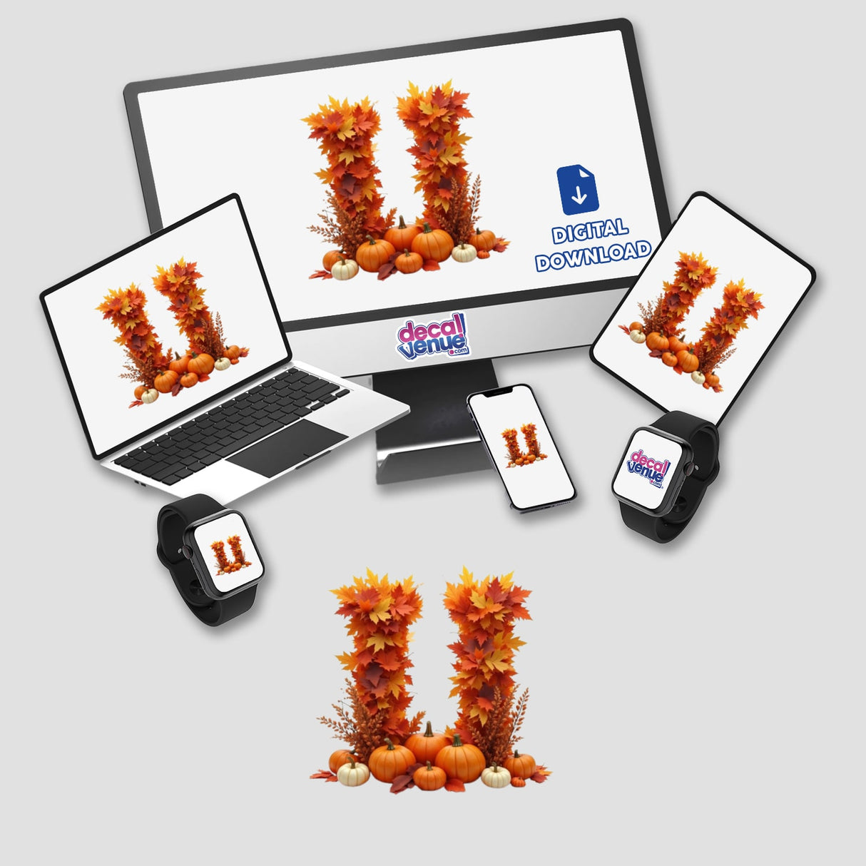Thanksgiving Letter U Clipart featuring autumn leaves and pumpkins displayed on a computer monitor and laptop screen, available as stickers or digital artwork for commercial use.