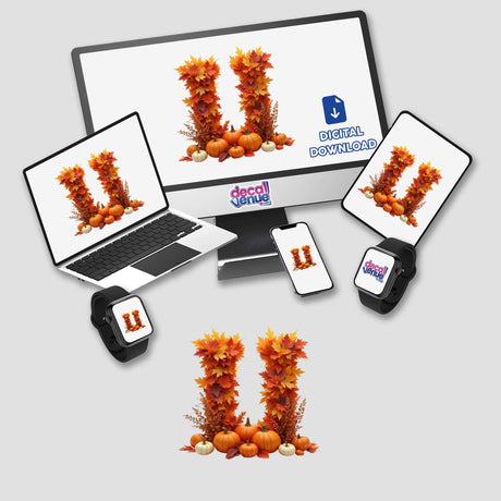 Thanksgiving Letter U Clipart featuring autumn leaves and pumpkins displayed on a computer monitor and laptop screen, available as stickers or digital artwork for commercial use.