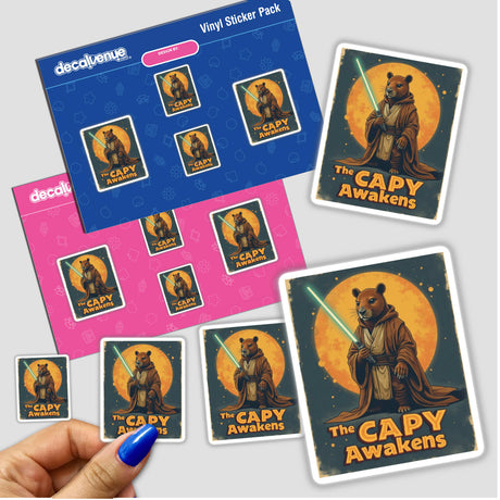 The Capy Awakens Sticker or Clipart with Commercial Rights features a cartoon capybara wielding a lightsaber, inspired by Star Wars, perfect for vinyl sticker enthusiasts or digital art collectors.