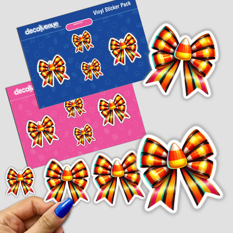 Candy Corn Coquette Bow Halloween stickers featuring detailed candy corn bows, perfect for festive decoration or digital artwork.