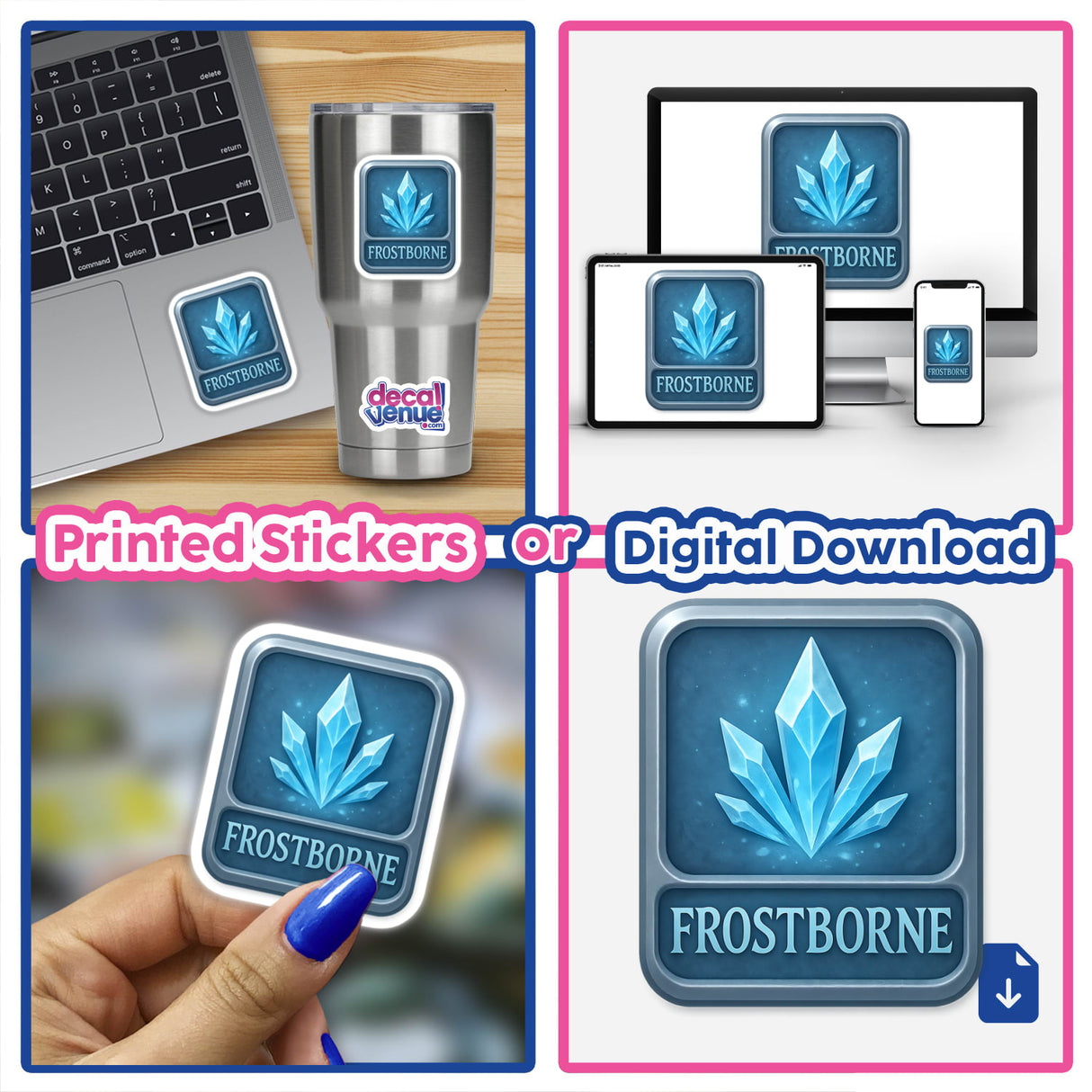 Frostborne – RPG-Style Skill Badge featuring a detailed silver icy crystal emblem, available as stickers or digital artwork, showcasing intricate design elements that highlight its unique, fantasy-inspired aesthetic.