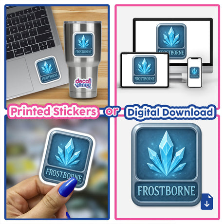Frostborne – RPG-Style Skill Badge featuring a detailed silver icy crystal emblem, available as stickers or digital artwork, showcasing intricate design elements that highlight its unique, fantasy-inspired aesthetic.
