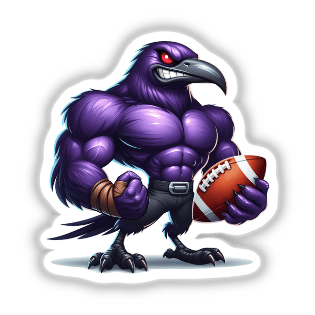 Mean Purple Raven Football Bird cartoon holding a football, available as stickers or digital artwork.