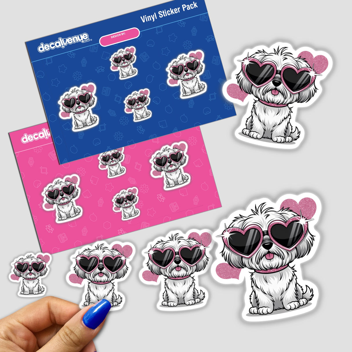 Maltese Dog w Heart Sunglasses stickers featuring a cartoon dog wearing heart-shaped sunglasses, available as unique stickers or digital artwork from Decal Venue.