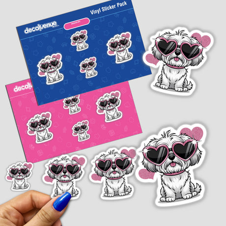 Maltese Dog w Heart Sunglasses stickers featuring a cartoon dog wearing heart-shaped sunglasses, available as unique stickers or digital artwork from Decal Venue.