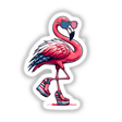Sassy American Flamingo in Wedges: Cartoon flamingo with aviator sunglasses and platform sandals, styled with American flag patterns. Available as stickers or digital artwork from Decal Venue.
