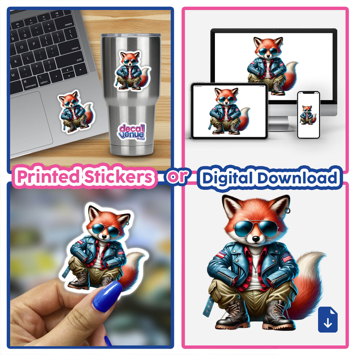 Patriotic Leather Fox Aviator Sunglasses sticker displayed on a laptop, featuring a cartoon fox wearing a leather jacket and aviator sunglasses.