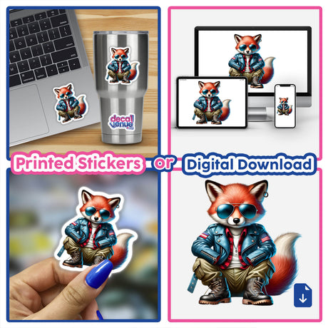 Patriotic Leather Fox Aviator Sunglasses sticker displayed on a laptop, featuring a cartoon fox wearing a leather jacket and aviator sunglasses.