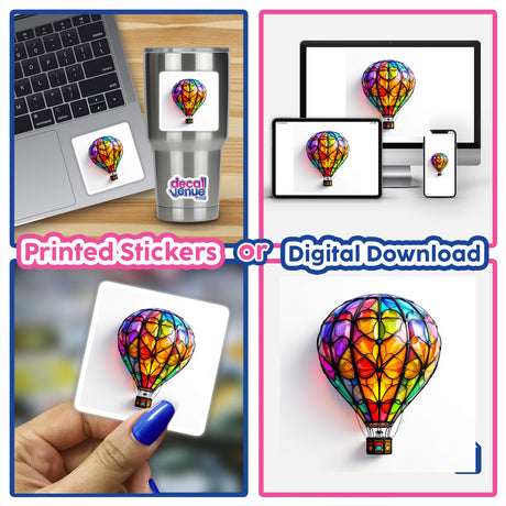 Hot Air Balloon Stained Glass Style stickers or digital artwork featuring a collage of vibrant hot air balloons, capturing a unique and artistic essence for decoration or digital use.