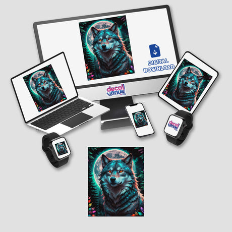 A Wolf In The Night With A Bright Moon displayed on a computer monitor and laptop, available as stickers or digital artwork, showcasing a wolf's intense gaze.