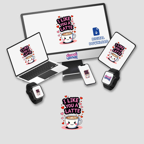 I Like You A Latte Funny Love Quote features a cartoon coffee mug with a smiling face, visible on a digital screen, perfect for stickers or digital artwork from Decal Venue.