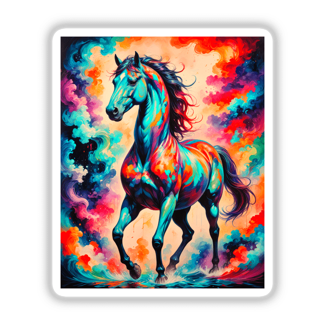 A Beautiful Magical Horse depicted in a vibrant painting, available as stickers or digital artwork from Decal Venue. This artwork captures the enchanting essence of a horse amid colorful clouds.