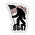 Sasquatch 8647: Black and white sticker featuring a silhouette of a yeti holding a flag, ideal for unique vinyl sticker collections or digital artwork from Decal Venue.