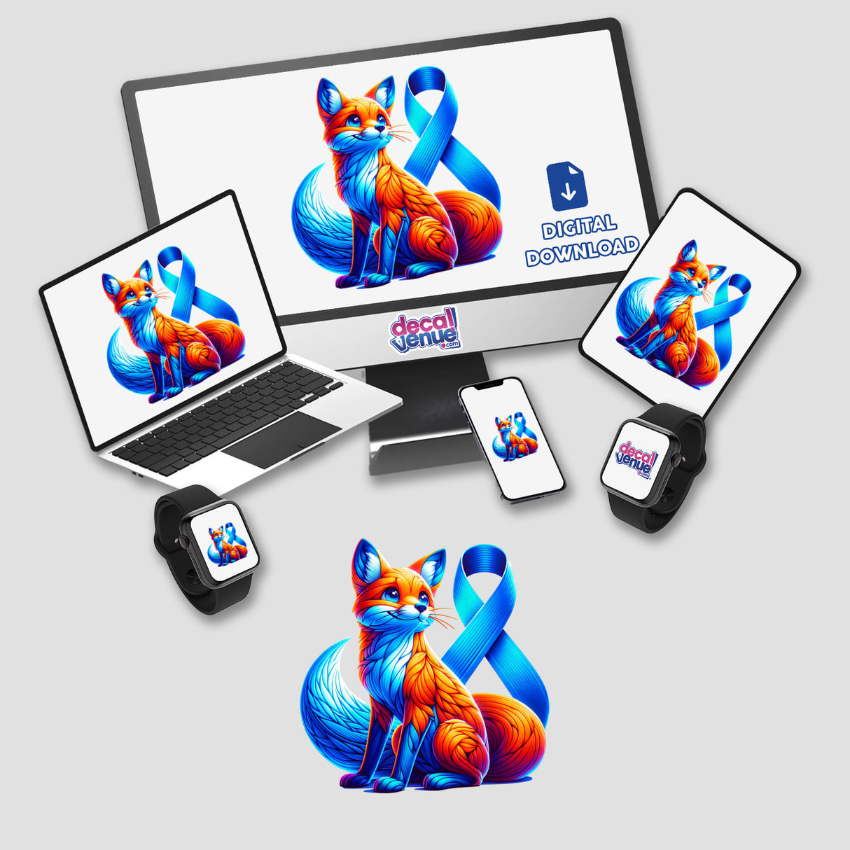 Fox Blue Ribbon Colon Cancer Awareness displayed on a computer monitor and laptop, featuring a colorful fox illustration with a blue ribbon. Available as stickers or digital artwork.