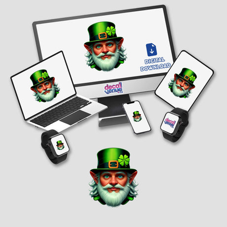 St. Patrick's Day Leprechaun depicted on a computer monitor and laptop, featuring a cartoon leprechaun with a white beard and green hat, available as unique stickers or digital artwork.