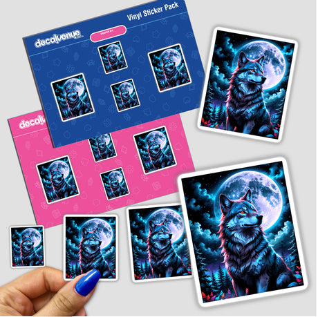 Sticker featuring A Wolf In The Night With A Bright Moon, showcasing digital art of a wolf howling with a moon backdrop, available at Decal Venue as a vinyl sticker or digital artwork.