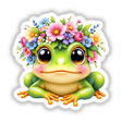Playful Frog Wearing a Colorful Floral Crown: A charming cartoon frog with flowers on its head, available as unique stickers or digital art, ideal for adding whimsy to any space.