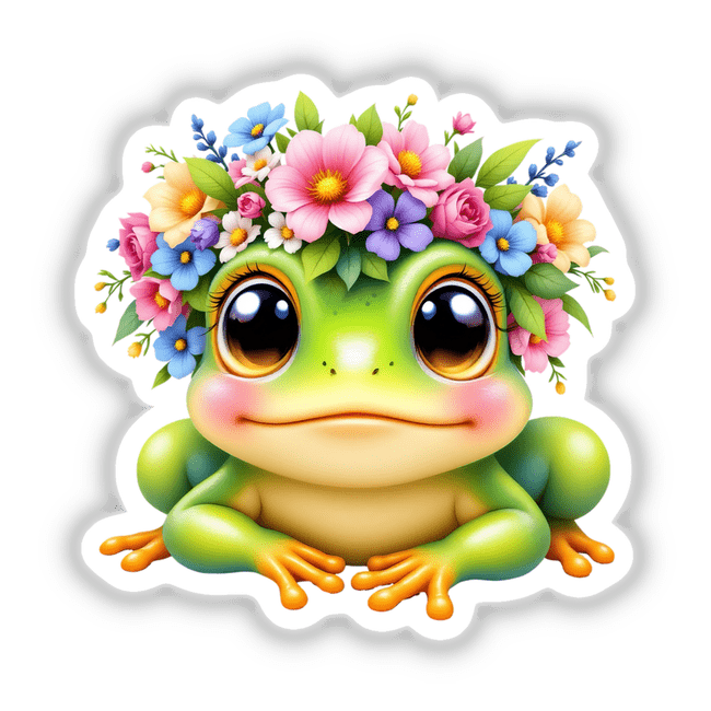 Playful Frog Wearing a Colorful Floral Crown: A charming cartoon frog with flowers on its head, available as unique stickers or digital art, ideal for adding whimsy to any space.