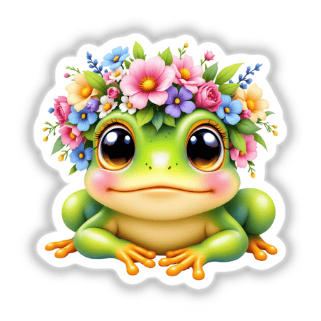 Playful Frog Wearing a Colorful Floral Crown: A charming cartoon frog with flowers on its head, available as unique stickers or digital art, ideal for adding whimsy to any space.