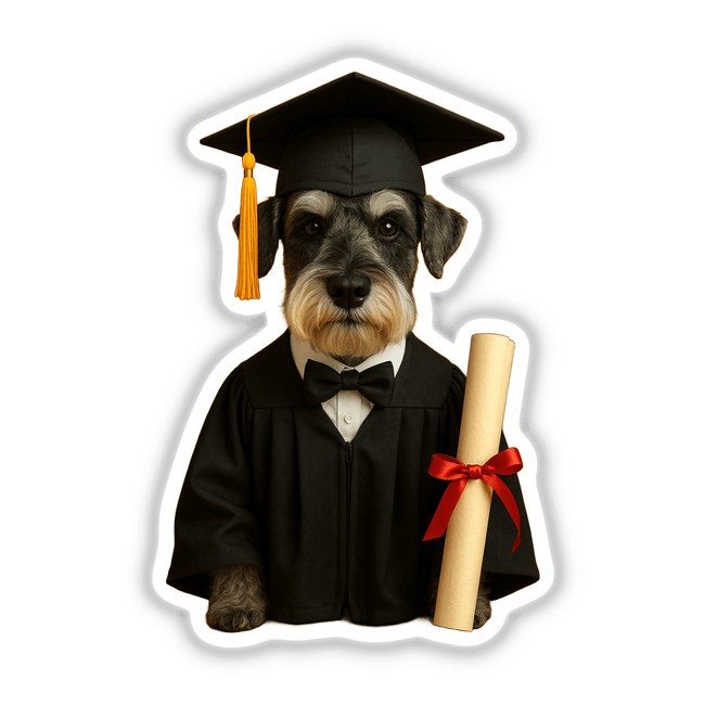 Graduation Schnauzer – Proud dog in cap and gown holding a diploma, available as unique stickers or digital artwork from Decal Venue.