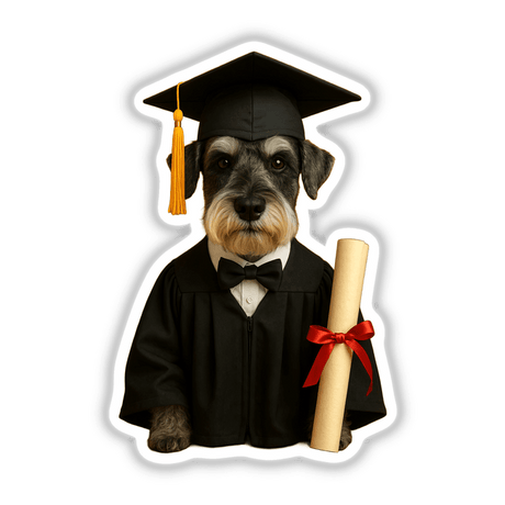 Graduation Schnauzer – Proud dog in cap and gown holding a diploma, available as unique stickers or digital artwork from Decal Venue.