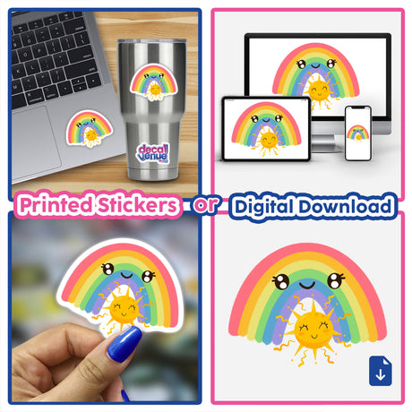 Happy rainbow and smiley sun stickers and digital artwork featuring vibrant cartoon designs, shown on a laptop and other devices, highlighting playful and cheerful motifs.