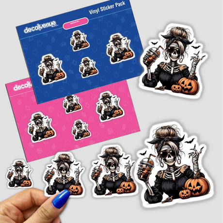 Spooky Halloween mummy skeleton lady vinyl stickers with pumpkins, bats, and other eerie elements on a pink and blue background.
