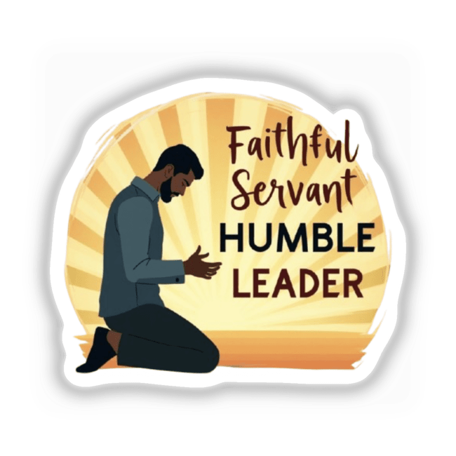 Illustrated 'Faithful Servant, Humble Leader' Pastor Appreciation Sticker depicting a kneeling man. Ideal for National Pastor Day as a decal or digital clipart with commercial rights.
