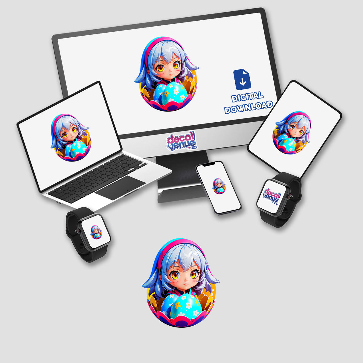 a laptop, phone, and tablet all have stickers on them