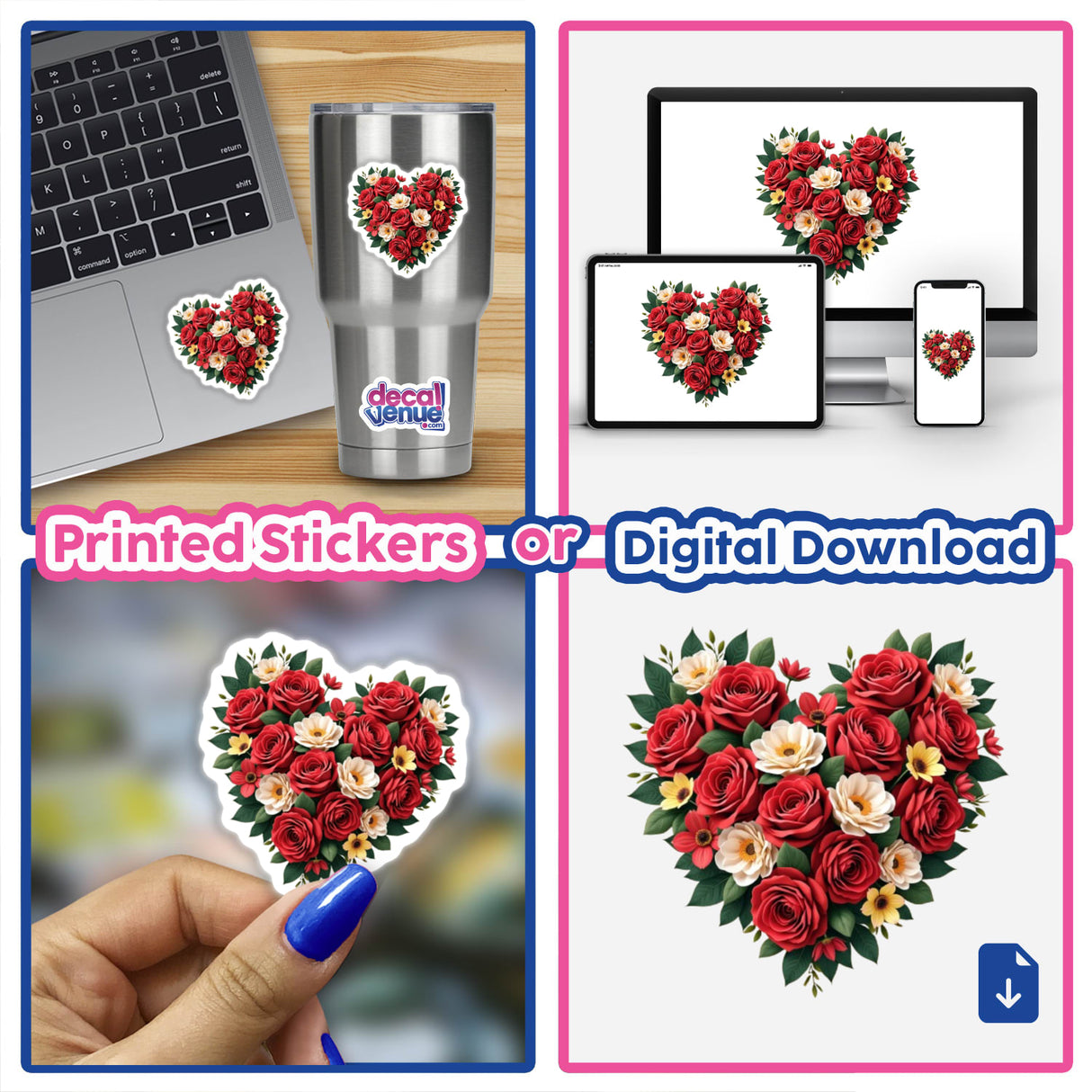 Floral Heart Clipart - Beautiful Rose and Flower Graphic for Stickers Commercial Use Download: A collage featuring heart-shaped sticker designs including close-ups on a laptop and finger, emphasizing intricate floral patterns.