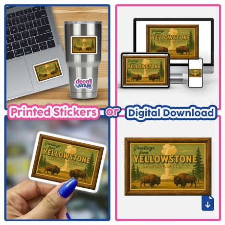 Greetings from Yellowstone Postcard Sticker or Clipart with Commercial Rights showcases vintage park art, available as both stickers and digital artwork, perfect for enhancing creative projects.