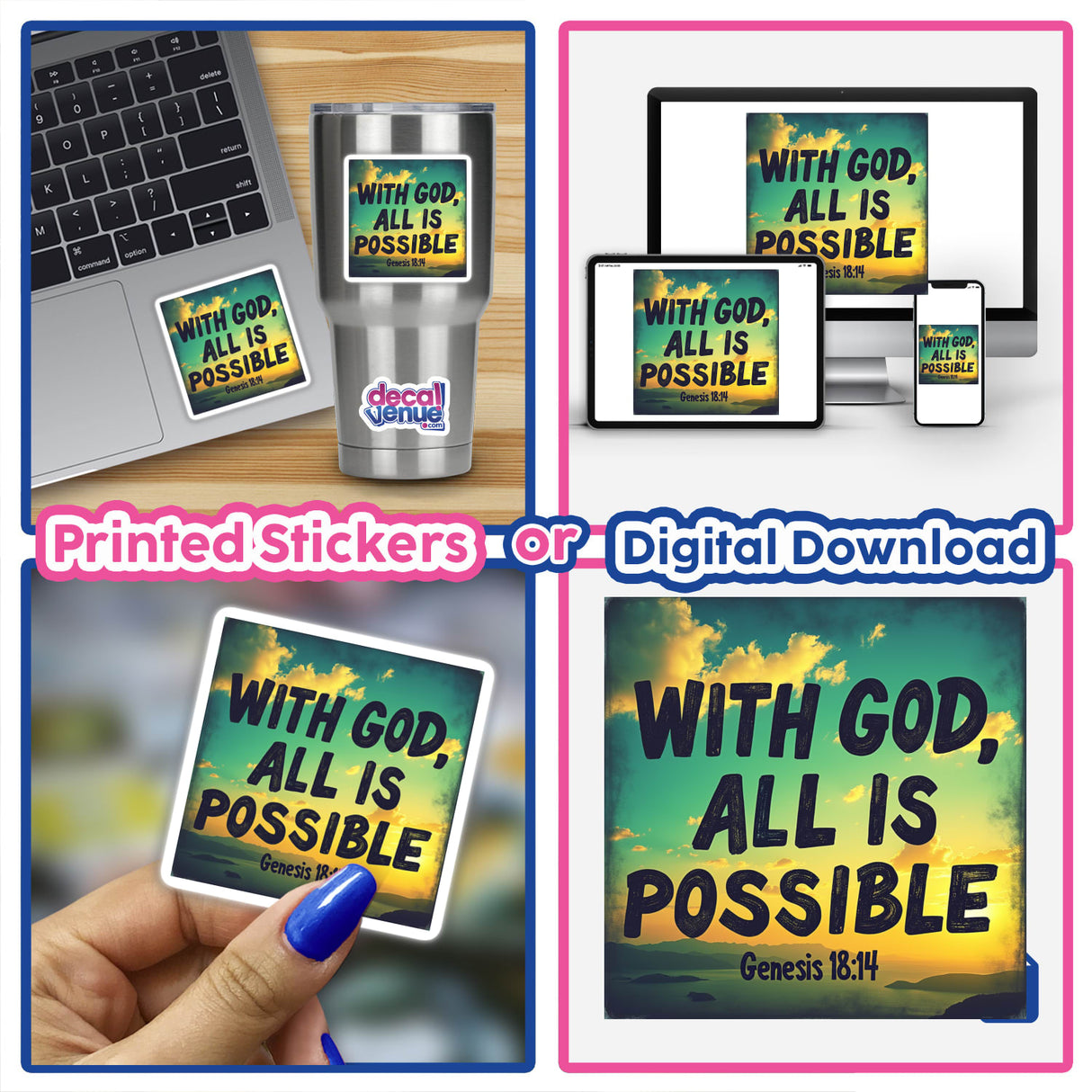 Collage featuring a laptop adorned with a With God, All is Possible sticker, inspired by Genesis 18:14, showcasing Christian faith and strength, available as stickers or digital artwork.
