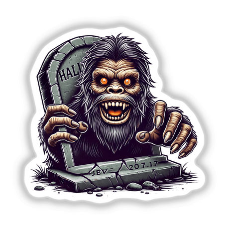 Fierce Halloween Sasquatch emerging from a tombstone with menacing claws and bared teeth