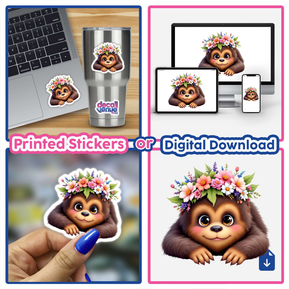 Adorable Sasquatch with a Spring Flower Crown featured in a collage of stickers and digital artwork, showcasing the cartoon monkey design with floral accents. Perfect for collectors and nature enthusiasts.