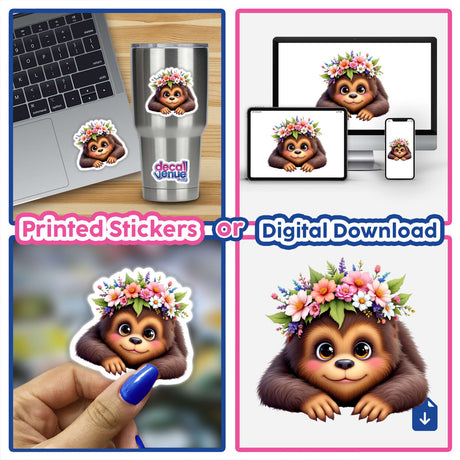 Adorable Sasquatch with a Spring Flower Crown featured in a collage of stickers and digital artwork, showcasing the cartoon monkey design with floral accents. Perfect for collectors and nature enthusiasts.