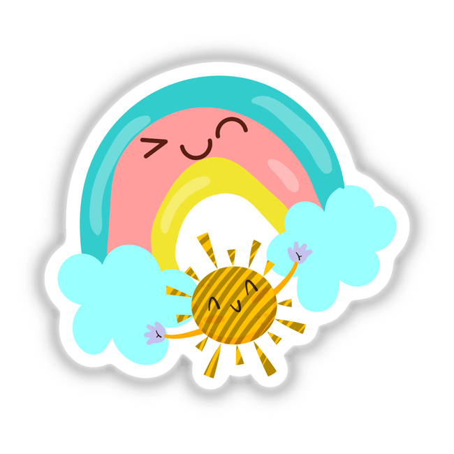 Smiley rainbow and sun illustration featuring cartoon elements, available as stickers or digital artwork from Decal Venue, showcasing unique and playful design ideal for decoration or digital use.