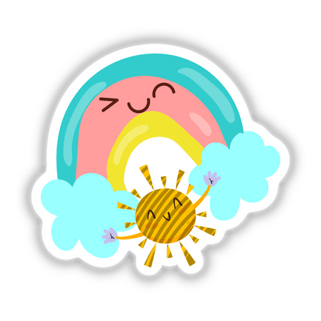 Smiley rainbow and sun illustration featuring cartoon elements, available as stickers or digital artwork from Decal Venue, showcasing unique and playful design ideal for decoration or digital use.