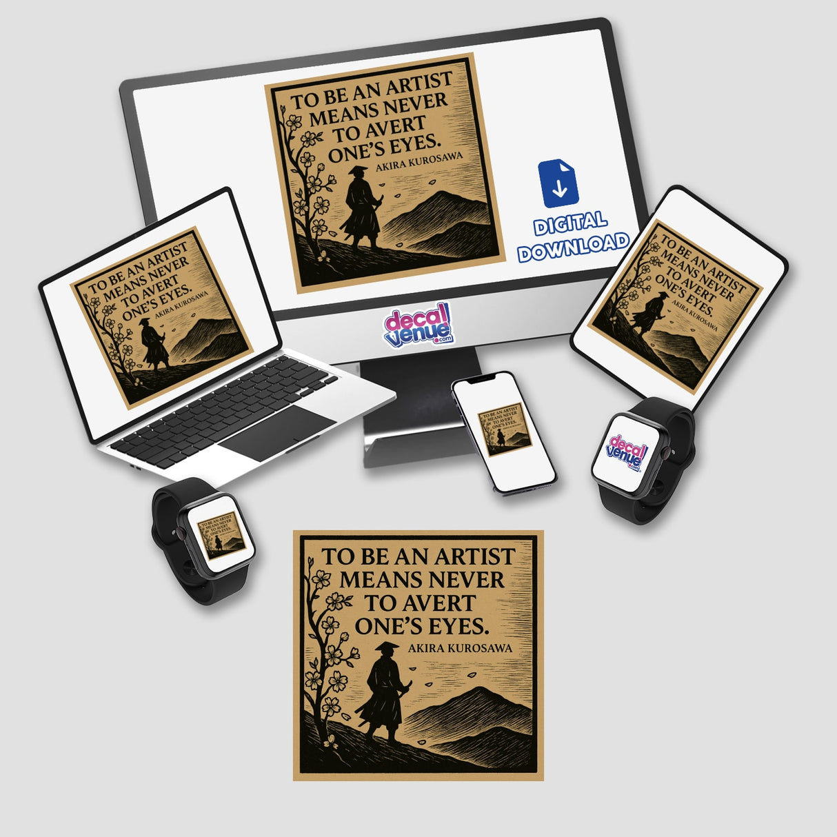 Akira Kurosawa Quote Sticker - Samurai Woodcut Art Clipart with Commercial Rights; features a woodcut-style samurai landscape and cherry blossoms, ideal for laptops and journals, reflecting Japanese artistry.