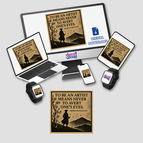 Akira Kurosawa Quote Sticker - Samurai Woodcut Art Clipart with Commercial Rights; features a woodcut-style samurai landscape and cherry blossoms, ideal for laptops and journals, reflecting Japanese artistry.