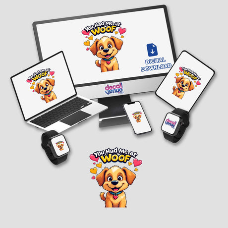 Puppy Love: A collection of digital artwork featuring cartoon dogs displayed on various devices, available as stickers or digital downloads, highlighting Decal Venue's unique vinyl and digital art offerings.