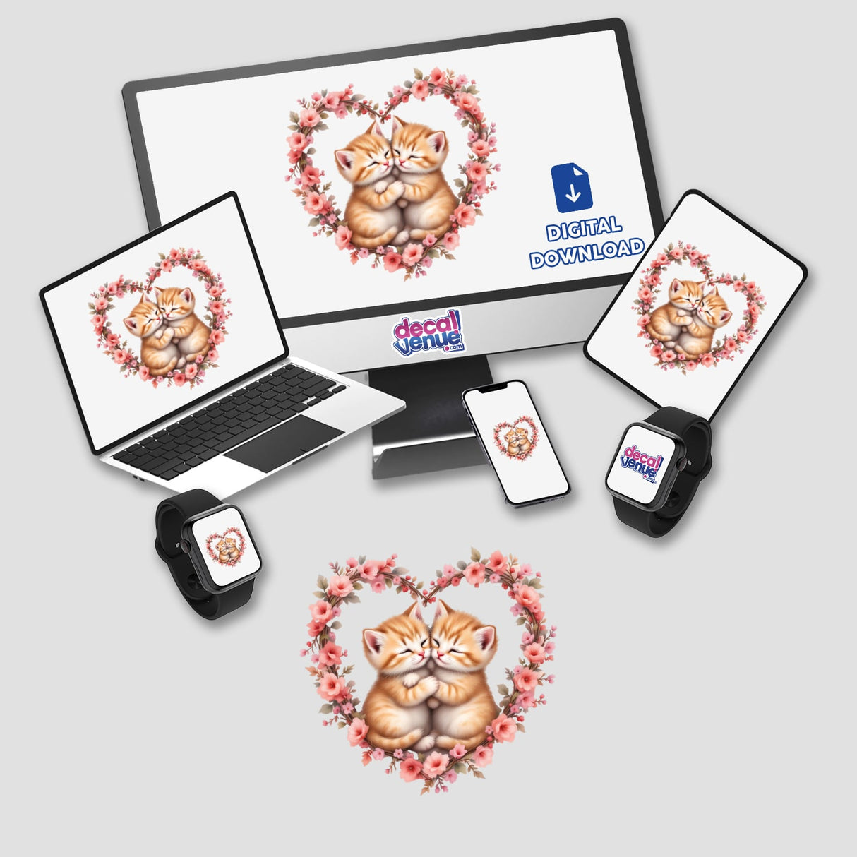Snuggling Kittens on a Heart Wreath: two kittens embrace in a heart-shaped floral wreath, perfect as vinyl stickers or digital art, capturing cozy charm for cat lovers.