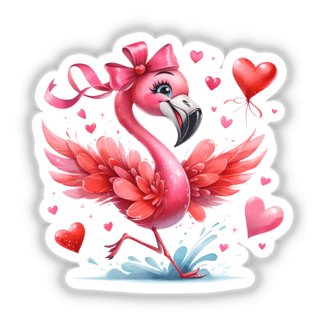 Fluttering in Love Pink Flamingo: A charming illustration featuring a pink flamingo adorned with hearts and balloons, available as unique vinyl stickers or digital artwork from Decal Venue.