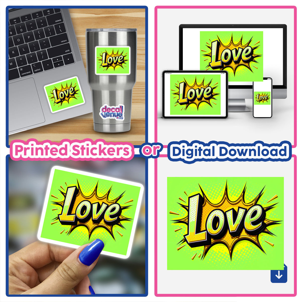 Collage featuring Love Valentine's Day themed laptop with a sticker, close-up of a hand holding a card, and a comic book, available as stickers or digital artwork from Decal Venue.