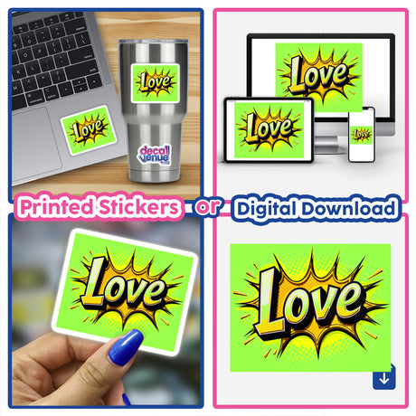 Collage featuring Love Valentine's Day themed laptop with a sticker, close-up of a hand holding a card, and a comic book, available as stickers or digital artwork from Decal Venue.