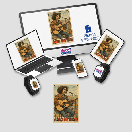 Arlo Guthrie Woodstock Retro Trading Card Printable, featuring hand-drawn details like his signature curls and fringed jacket, captures the iconic musician’s essence against a lively festival backdrop.