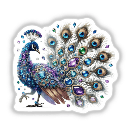 Peacock Jewels and Gemstones.png: A vibrant peacock adorned with detailed jewels and gemstones, available as stickers or digital artwork from Decal Venue.