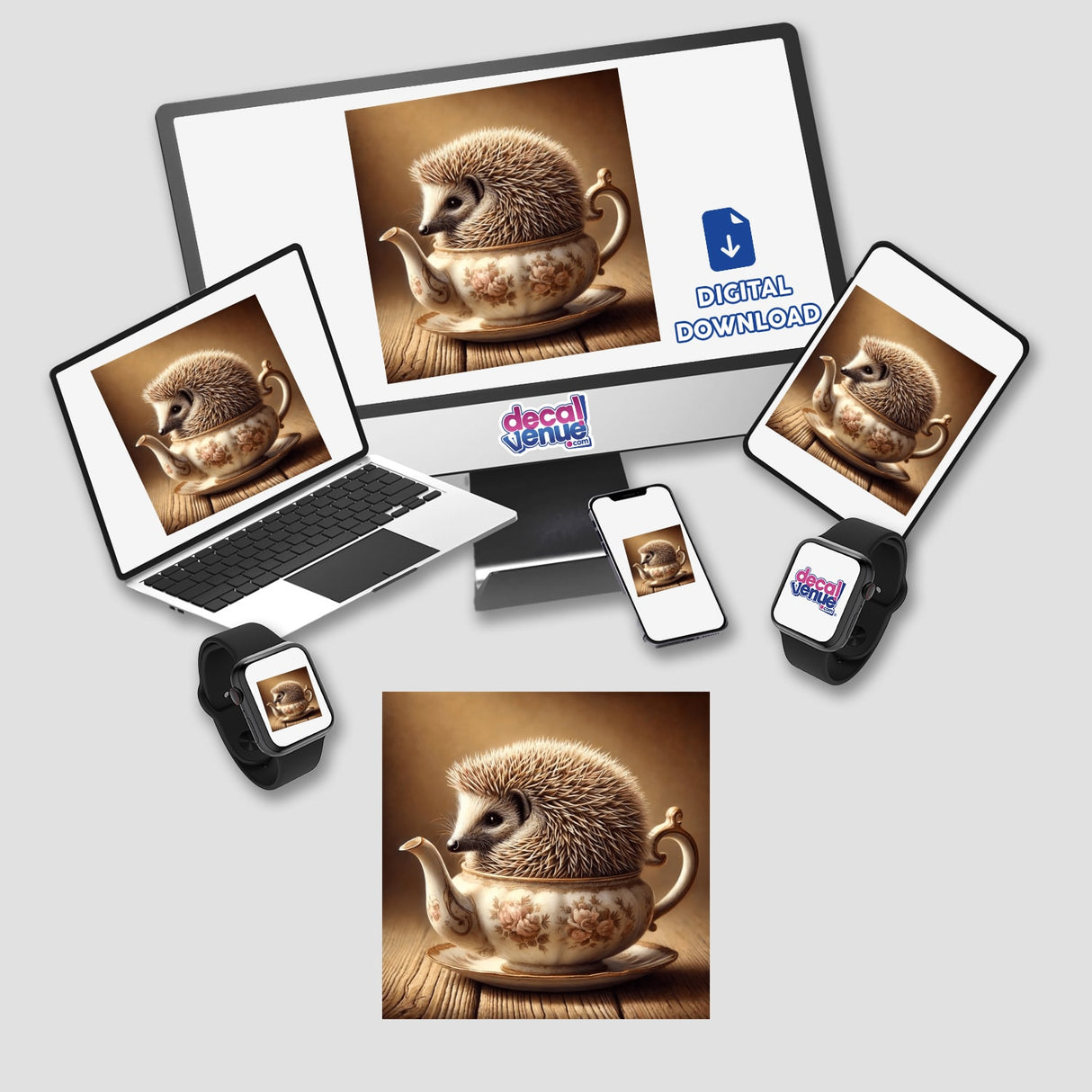 Hedgehog in Antique Teapot artwork displayed on a laptop and phone, surrounded by additional devices. Available as Stickers or Digital Artwork from Decal Venue.