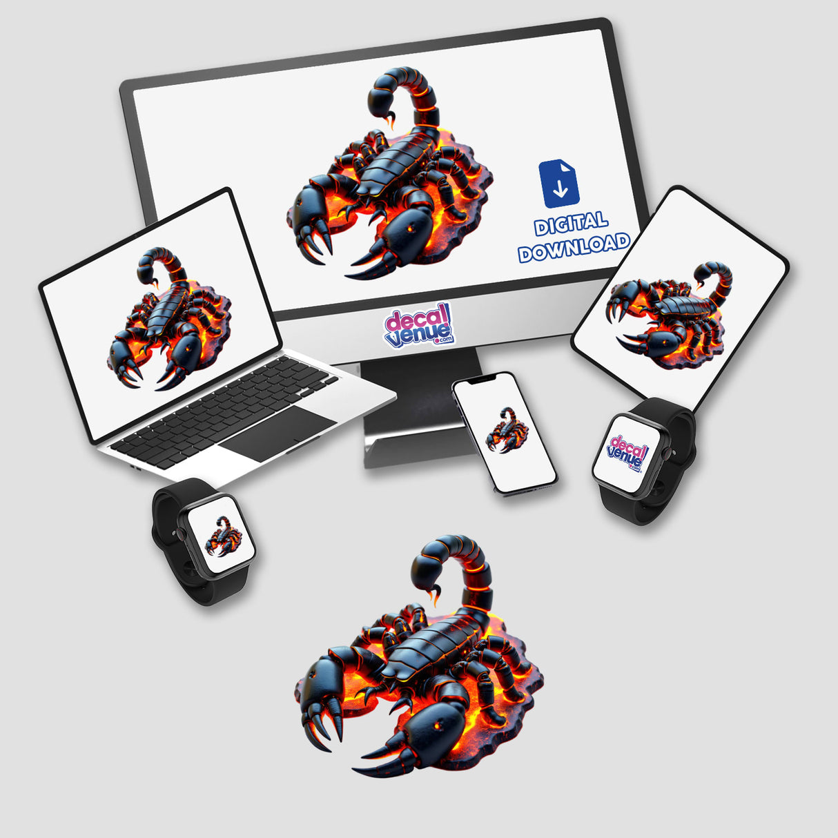 Molten Lava Scorpion digital artwork displayed on various devices, including a laptop and smartwatch, available as stickers or digital art from Decal Venue.